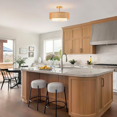 15.7" Semi-Recessed 3-Light Ceiling Light with Boho-Style Faux Rattan Shade, Gold Double-Layer Circular Design, UL-Listed for Bedroom, Kitchen, Living Room, Dining & Entryway - color: 15.7'' Rattan&Fabric Gold