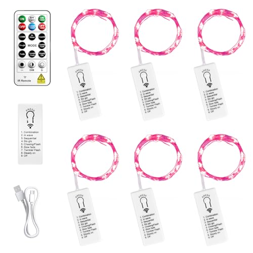 ZSJWL 6 Pack Rechargeable Fairy Lights with Remote & DIY Timer, 7Ft 20LED Mini Battery String Light, Twinkle Silver Copper Wire Lights for Wedding Party Bedroom Christmas Table Decoration (Pink) - color: Pink, size: 6 Pack – Rechargeable