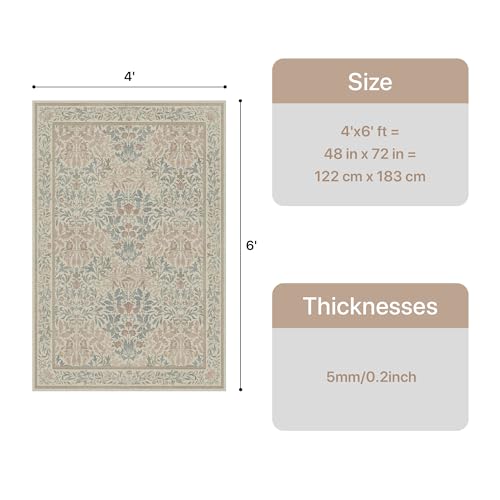 Bavni 4x6 Area Rugs for Living Room, Floral Rug Machine Washable Non Slip, Vintage Boho Forest Carpet, Soft Low Pile Thin Lightweight Rugs for Bedroom, Farmhouse, Dining Room Office, Beige Pink - color: Beige Pink, size: 4' x 6' (Rectangular)