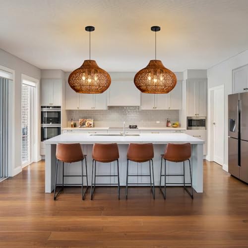 3-Light Dark Brown Rattan Pendant Light,18.9" Rustic Hanging Light,Round Curry Wicker Pendant Light Hand-Woven Rattan Chandelier for Workplace Dining Living Bedroom Kitchen Farmhouse - color: Brown, size: 18.9" 3-Light