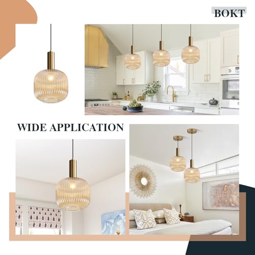 BOKT Modern Large Amber Glass Globe Pendant Light Fixture Brushed Brass Gold Kitchen Island Pendant Lighting Farmhouse Single 1-Light Spherical Ceiling Hanging Pendant Light (Amber) - color: Amber