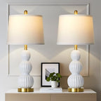 28" White Ceramic Table Lamps Set of 2, Modern Bedside Lamps for Night Stands, Triple Gourd Table Lamp for Living Room End Table or Bedroom Nightstand (2 LED Bulbs Included) - color: White - 28"H