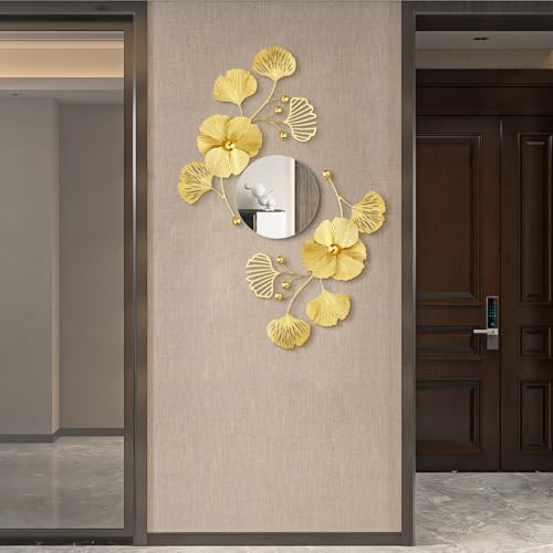 Tandefio 3 Pcs Metal Decorative Wall Mirrors for Living Room Metal Ginkgo Leaf Mirror Modern Creative Wall Decor Art Hanging Decor Mirror for Entrance Bedroom Living Room(Gold,16.inches) - color: Gold