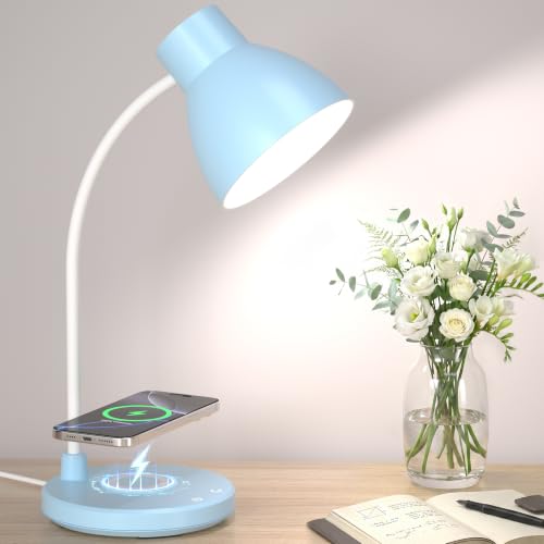 Desk Lamps for Home Office - LED Desk Lamp with Wireless Charger, 3 Color Modes Dimmable Eye-Caring Study Reading Desk Light, Small Flexible Arm Table Lamp for College Dorm Room Bedside, Blue - color: Blue