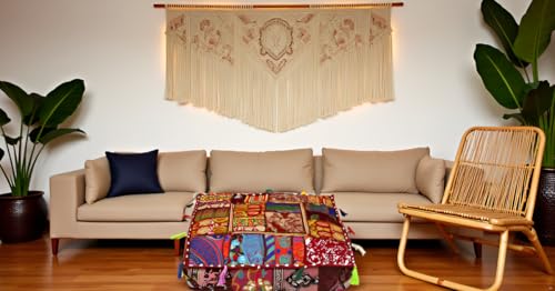 CRAFT KALA Indian Square Patchwork Traditional Pouf Cover Indian Living Room Poufs Decorative Embroidered Designer Ottoman Home Living Footstool Chair Cover Decor Pillow Cover 18x18x5 inches, Brown - color: Brown, size: 18"D x 18"W x 5"H