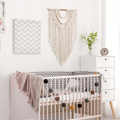 LOMOHOO Macrame Wall Hanging Boho Handmade Geometric Woven Tapestry Bohemian Wall Art Decor with Chic Wooden Beads Home Decor for Bedroom Living Room Apartment Dorm Gallery Wedding 16.5"x30" - color: Beige