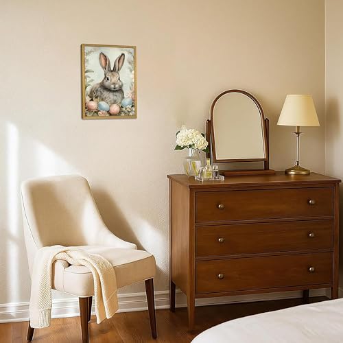 Easter Bunny Wall Art, Vintage Rabbit Canvas Wall Decor, Easter Eggs Poster Print Picture, Spring Farmhouse Animal Painting for Living Room Bedroom Kitchen Holiday Home Decor 8x10 Inch Wood Framed - color: Easter Bunny A, size: 10"L x 8"W