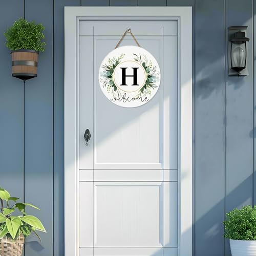 Monogram Letter H Wreaths for Front Door Wreath Wooden Welcome Sign for Front Door Decor Floral Family Last Name Initial House Warming Spring Summer Porch Rustic Wall Home Kitchen Boho Decorations - color: Letter H