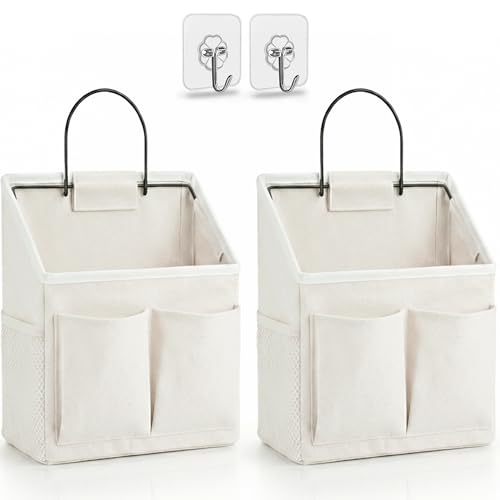 Kanrichu 2pcs Wall Hanging Organizer Bag, Linen Fabric Door Hanging Storage Basket with Pockets, Waterproof Bin for Kitchen, Bedroom, Office, RV Camper (White-Upgraded) - color: White-Small (2 pcs)