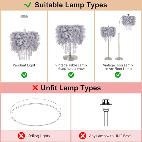 Feather Lamp Shade with Acrylic Beads Droplets, Fluffy Light Shade for Pendant, Table, Floor & Wall Lighting, Girl Bedroom Decor, ID 15.7inch, OD 19.7inch, Grey - color: Grey, size: 19.7 inches