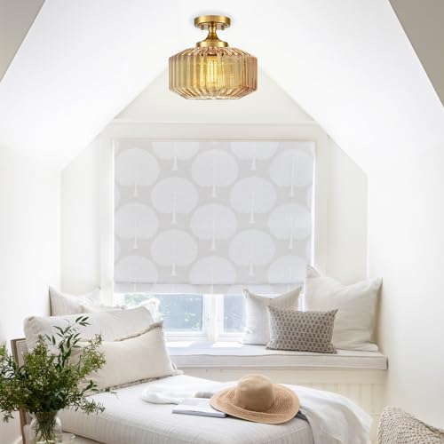 Flush Mount Light Fixture 11.02" Farmhouse 1 Light Ceiling Fixture with Amber Striped Hand Blown Glass Shade, E26 Base for Kitchen, Dining Room, Hallway - color: Amber