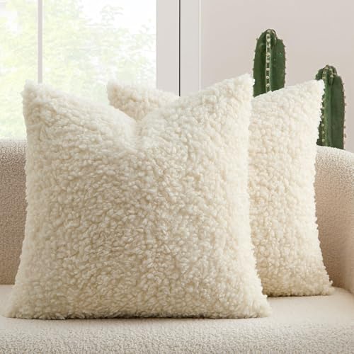 MIULEE Pack of 2 Throw Pillow Covers 18x18 Inch Neutral Cream White Faux Fur Decorative Sherpa Pillow Covers Fuzzy Accent Soft Sheepskin Fleece Cushion Cases for Boho Home Decor Couch Living Room Bed - color: Cream White, size: 18" x 18" (Pack of 2)