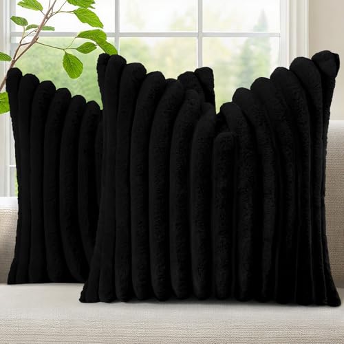 decorUhome Fall Cozy Faux Fur Throw Pillow Covers 16x16 Set of 2 Decorative Soft Plush Striped Modern Farmhouse Boho Couch Pillow Cases with Velvet Back for Sofa Bed Living Room, Black - color: Black, size: 16" x 16" (Pack of 2)