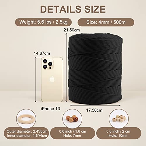 Macrame Cotton Cord 4mm x 547yds, ZUEXT Natural Handmade Black Braided Cords 4 Strands Knitted Rope String for Craft Wall Hanging Weaving Tapestry Dream Catchers Hanger DIY Gift (500m) - color: Black, style: 4mm x 500m
