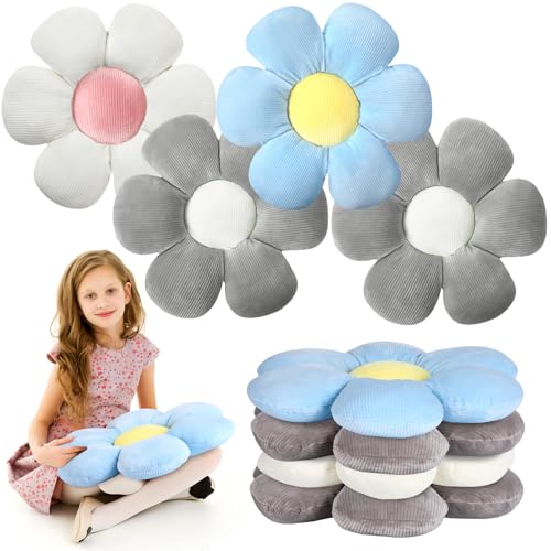 Reginary 4 Pcs Flower Floor Pillows Cute Plush Flower Throw Pillows Daisy Floor Seat Cushion Chair Pads for Back to School First Day of School for Sofa Couch Bed Decor(15 Inch,Gray, Blue, White) - color: Gray, Blue, White