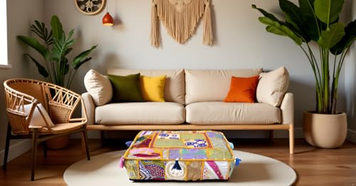 CRAFT KALA Indian Square Patchwork Traditional Pouf Cover Indian Living Room Poufs Decorative Embroidered Designer Ottoman Home Living Footstool Chair Cover Decor Pillow Cover 18x18x5 inches, Yellow - color: Yellow, size: 18"D x 18"W x 5"H