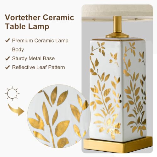 24.25" Mid Century Modern Lamp Set of 2, Vintage Farmhouse Chinoiserie Ceramic Table Lamps, Reflective Gold Leaf Pattern Bedside Lamps for Bedroom Living Room Nightstand, White & Gold - style: Reflective Gold Leaf