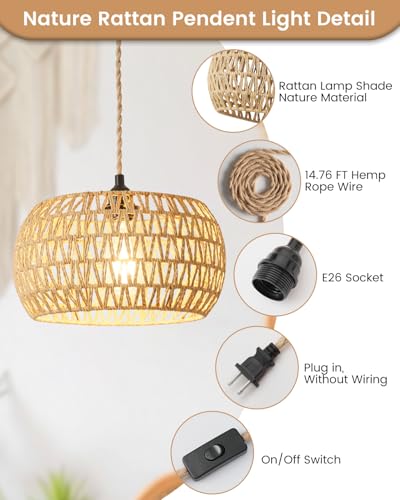 Rattan Boho Hanging Light,12.6'' Natural Hand Woven Fabric Drum Light,Plug Into Wall Outlet Pendant Light Fixture On/Off Switch for Dining,Living Room,Bedroom,Kitchen,Hallway Entryway, Without Bulb - size: 12.59'' x 6.49''