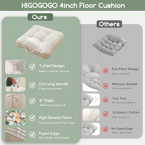 HIGOGOGO Floor Pillow Cushion for Adults, Meditation Cushion Pillow, Large Square Floor Sitting, Tufted Corduroy Cover, for Tatami Living Room or Yoga, 22x22 Inch, 2Pack, Beige - color: Square Beige, size: 4" Thick(Pack of 2)