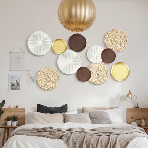 Yuntau 11 Pcs Boho Metal Wall Decor Rattan Golden Wall Art with Boho Basket Macrame Hanging Decor Rustic Farmhouse Artwork for Home Living Room Bedroom Office White Brown Decorations