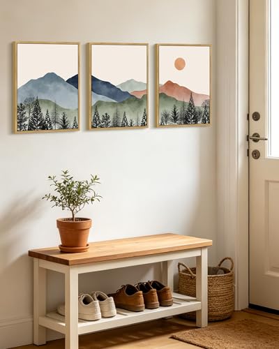 KUVIOKE Mountain Landscape Framed Wall Art Watercolor Nature Painting Boho Sun Rise Prints Farmhouse Rustic Room Decor Ready to Hang 12x16in (Natural Framed) - color: Watercolor Mountain, size: 12 x 16in x 3 Panels Natural