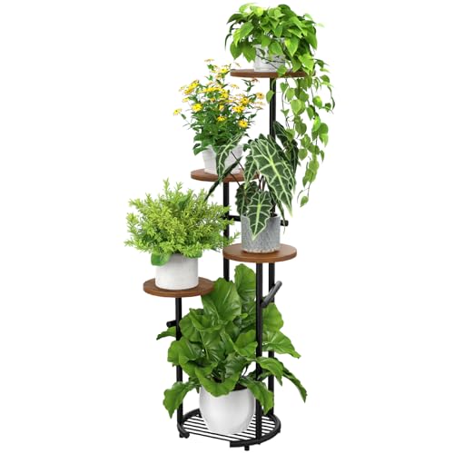 TOSKING 5 Tier Thickened Metal Plant Stand Indoor,Plant Shelf, Corner Shelf, Flower Pot Stand for Multiple Plants, Indoor Plants Tiered Stand for Living Room Balcony Garden Patio Bedroom (Black and Brown, 42in) - color: Black and Brown, size: 5tier Rd Bas