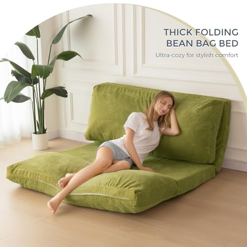 MAXYOYO Folding Sofa Bed, Extra Thick and Long Floor Sofa Convertible Chair with Washable Cover, Floor Couch Lounge Bean Bag Bed for Living Room, Green, 54x91 Inch - color: Green, size: Classic Full
