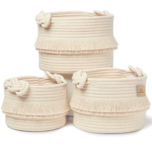 NaturalCozy 3-Piece Boho Decor Storage Basket Set – Cotton Rope Woven Baskets for Organizing! Small Baby Stuff, Shower, Gift Basket, Nursery Planter, Toy Shelves - color: Beige