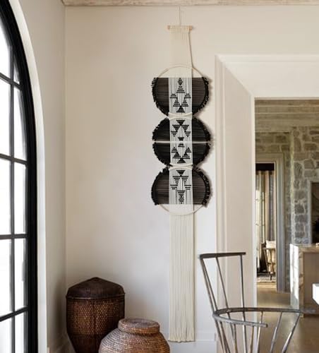 Flber Macrame Wall Hanging black and white Boho Wall Decor Art Living room wall art Round Handmade Geometric Lines Home Décor 11.8W x 65L - color: Black1