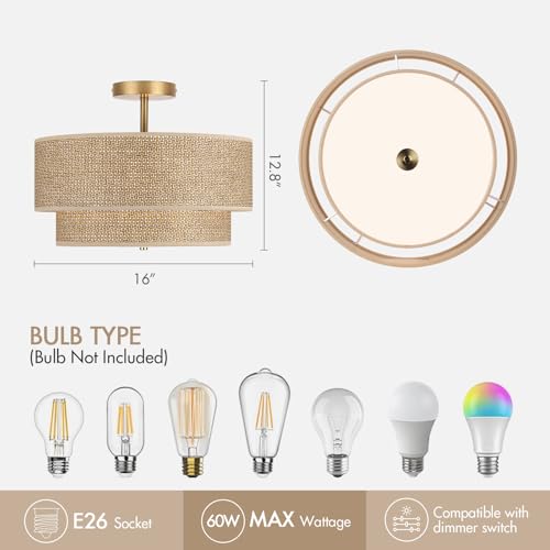 16 Inch Woven Rattan Linen Semi Flush Mount Ceiling Light Fixture, Modern Boho Drum Lamp for Bedroom, Kitchen, Dining Room, Living Room, Hallway, Entryway, Farmhouse Gold Wicker Chandelier - color: Brown