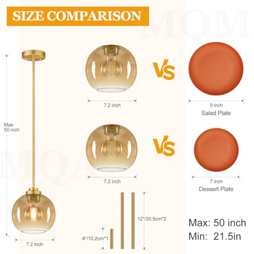 MQMQA 2 Pack Gold Globe Pendant Lights, Mid Century Gold Pendant Light Fixtures, Amber Glass Pendant Lights Kitchen Island Adjustable Hanging Fixture for Dining Room (Bulbs not Included) - color: Brushed Gold + Amber Glass 2 Pack
