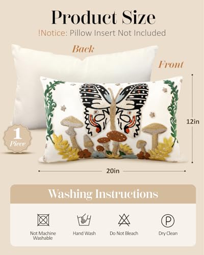 Embroidered Lumbar Pillow Cover - 20x12 Decorative Pillow Cover with Zipper Aesthetic Cute Design Boho Spring Summer Throw Pillowcase for Living Room Couch Sofa Bed, Butterfly Moon - color: Butterfly Moon, size: 20" x 12" (Pack of 1)