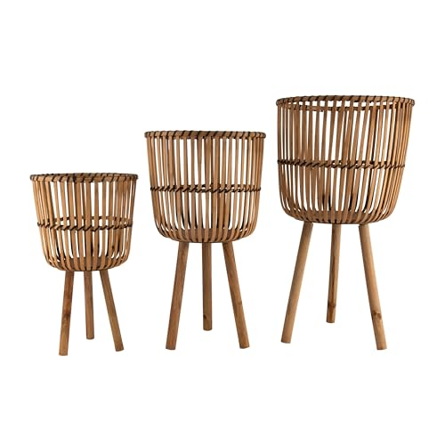 Decorative Bamboo Footed Planters for Home Decor - Garden Plant Pots for Indoor Living Room Decor or Outdoor Patio Areas - Flower Pots for Entryway and Backyard - Set of 3, 30", 26", 22", Brown - color: Woven Natural/Black, size: 26" H