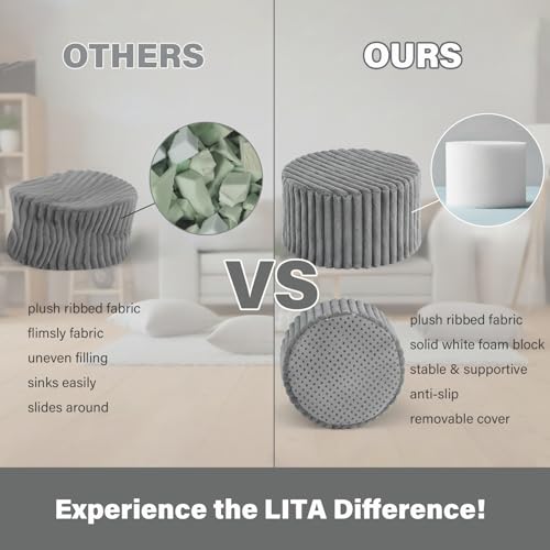 LITA Round Stuffed Pouf Ottoman, Corduroy Poufs with High-Density Foam Filling and Washable Cover, Furry and Fluffy Bean Bag Foot Stools Ottoman for Living Room, Bedroom, Office, Grey, Round - color: Round Corduroy Grey