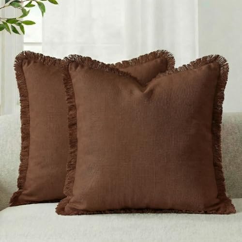 AVOIN colorlife Decorative Linen Fringe Throw Pillow Covers Set of 2, 18 x 18 Inch Brick Cozy Boho Farmhouse Cushion Case with Tassels Soft Accent Decoration for Bedroom Home Sofa Couch