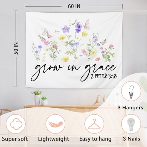 AQYIP Floral Christian Tapestry, Grow in Grace Butterfly Wildflowers Floral Tapestry, Bible Verse Wall Blanket Decor for Home Living Room Bedroom, 50x60 Inch - color: 2 - grow in grace