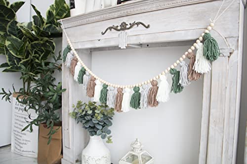 Tassel Garland - Boho Tassel Garland with Wood Beads - Wall Decor for Dorm, Girls Room and Nursery Room - Olive Green (50 inch) - size: 50 inch