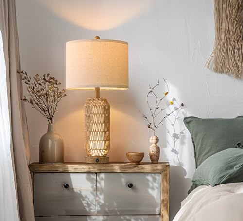 OYEARS 25" Table Lamps Set of 2 with Night Light,Bedside Lamps for Bedroom,Boho Lamps with USB C+A Charging Ports,Farmhouse Table Lamp with Rattan,Frosted Glass,Linen Shade (Wood Grain,Bulb Included) - color: Wood-Grain