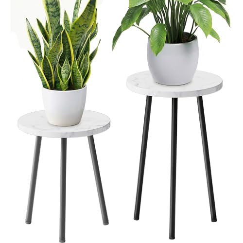 Plant Stand Indoor Tall: Corner Wood Plant Stand 2 Pack Mid Century Modern Decor - Small Round Plant Table for Indoor Plants - Outdoor Plant Holder for Patio Living Room Office (White Marble) - color: White Marble, size: 14"&20"