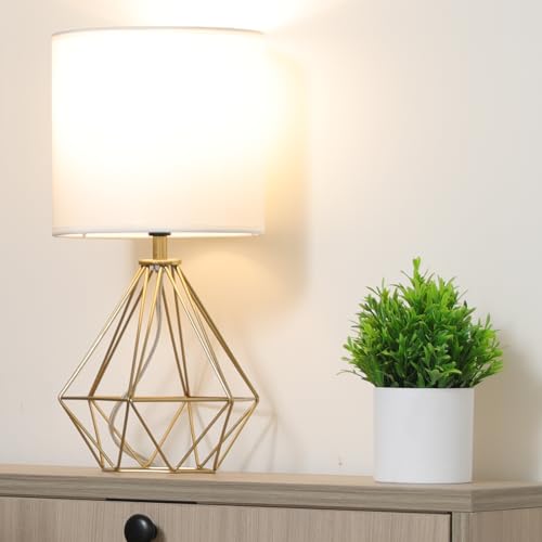 Gold Modern Small Table Lamp for Bedroom & Living Room - Geometric Metal Base, White Fabric Shade, Ideal for Bedside & Kids' Desk, Nightstand Lamp - color: Brass Gold