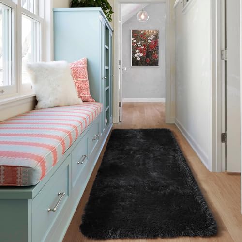 ONASAR Black Runner Rugs for Bedroom Living Room, 2x6 Bedside Fluffy Area Rug, Indoor Ultra Soft Plush Shaggy Furry Floor Throw Carpet for Hallway Nursery Kids Boys Girls Dorm Closet Home Decor - color: Black, size: 2' x 6' (Runner)