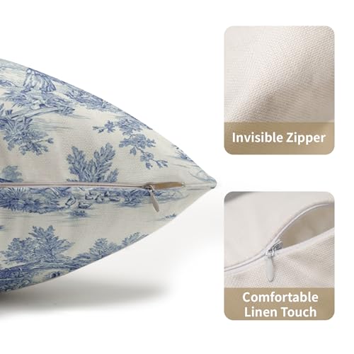 Blue Toile Pillow Covers 12x20 Inch Set of 2 Navy Blue and Beige French Country Cotton Linen Decorative Throw Pillow Case Cottage Vintage Cushion Cover for Bedroom Sofa Living Room Chair Home Decor - color: French Country Blue, size: 20" x 12" (Pack of 2)