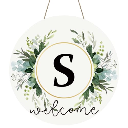 Monogram Letter S Wreaths for Front Door Wreath Wooden Welcome Sign for Front Door Decor Floral Family Last Name Initial House Warming Spring Summer Porch Rustic Wall Home Kitchen Boho Decorations - color: Letter S