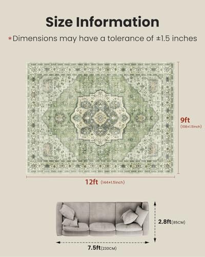 AMADA HOMEFURNISHING 9x12 Area Rug, Washable Low-Profile Large Area Rug with Non-Slip Backing & Durable Edge Binding, Vintage Large Rugs for Living Room, Bedroom - color: Green, size: 9' x 12' (Rectangular)