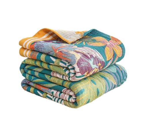 Boho Throw Blanket 60"x80", 100% Cotton Muslin Blankets for Couch Bed Sofa Chair, 4-Layer Soft Cozy Quilt Travel Blanket with Floral, Farmhouse Decor,All Seasons(Green) - color: Green Leaves