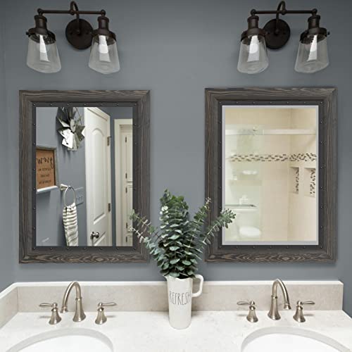 YOSHOOT Rustic Wooden Framed Wall Mirror, 32x24 Inch, Natural Wood and Iron Bathroom Vanity Mirror for Farmhouse Decor, Vertical or Horizontal Hanging - color: Ebony, size: 32"L x 24"W