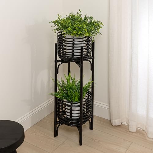 JONATHAN Y Zachariah 33.5" Bohemian Minimalist Handmade Rattan 2-Tier Indoor Planter Stand, Black Woven Decorative Stand PLN3000C - color: Black
