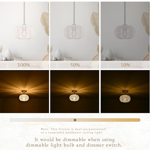 White Mini Rattan Pendant Light Hemp Rope Rattan Light Fixture Woven Pendant Wicker Chandelier Boho Chandelier for Kitchen Island - color: 8.7" White