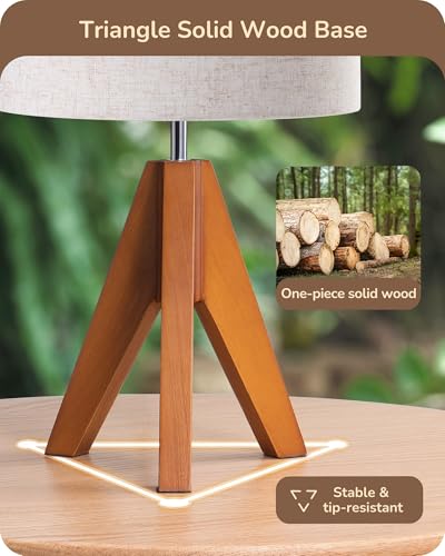 EDISHINE Tripod Table Lamp, Small Cute Bedside Lamp with Linen Beige Lampshade, Nightstand Lamp for Nursery, Bedroom, Kid Room, Living Room, Light Brown Wooden Base, E26 Socket, 14.2 Inch - style: Bohemian