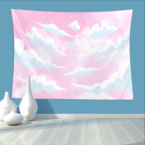 Keiutexe Pink Cloud Aesthetic Tapestry 60" X 40" Cute White Heaven Sky Wall Hanging Party Decorations Home Decor For Bedroom Living Room Dorm (150 X 100cm) - color: Pink Sky, size: 60 X 40 Inch